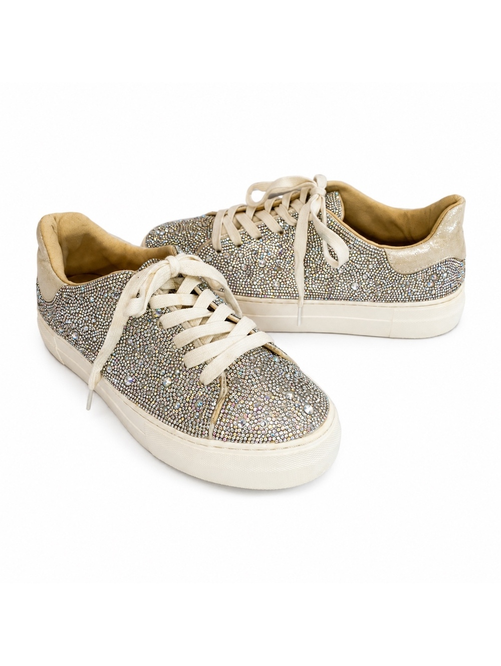 Betsey Johnson Rhinestone Bling Sneaker Cream Crystal Embellished Size 8.5W Wide